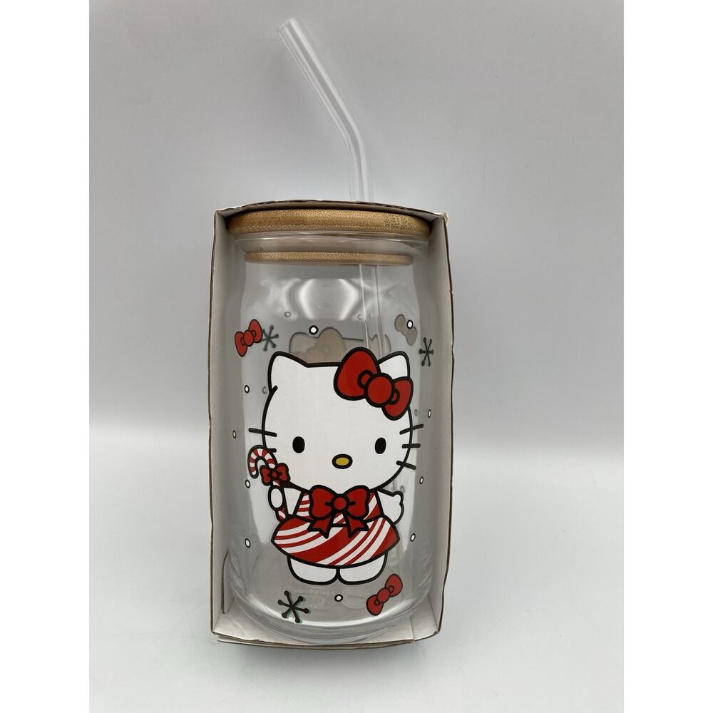 New Hello Kitty Christmas Candy Cane Glass Tumbler With Bamboo Lid & Glass Straw